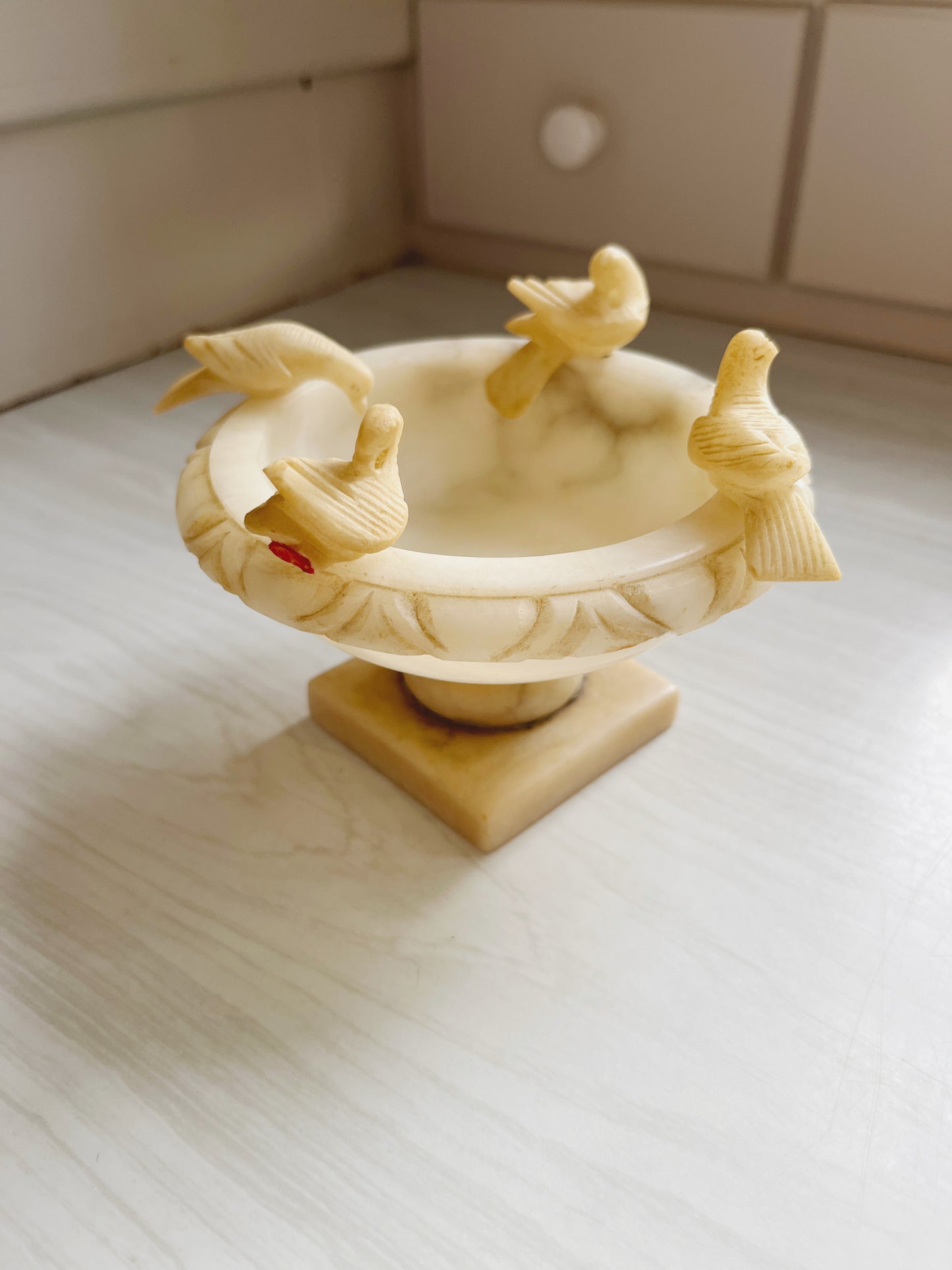 Alabaster Pedestal Dish with Birds