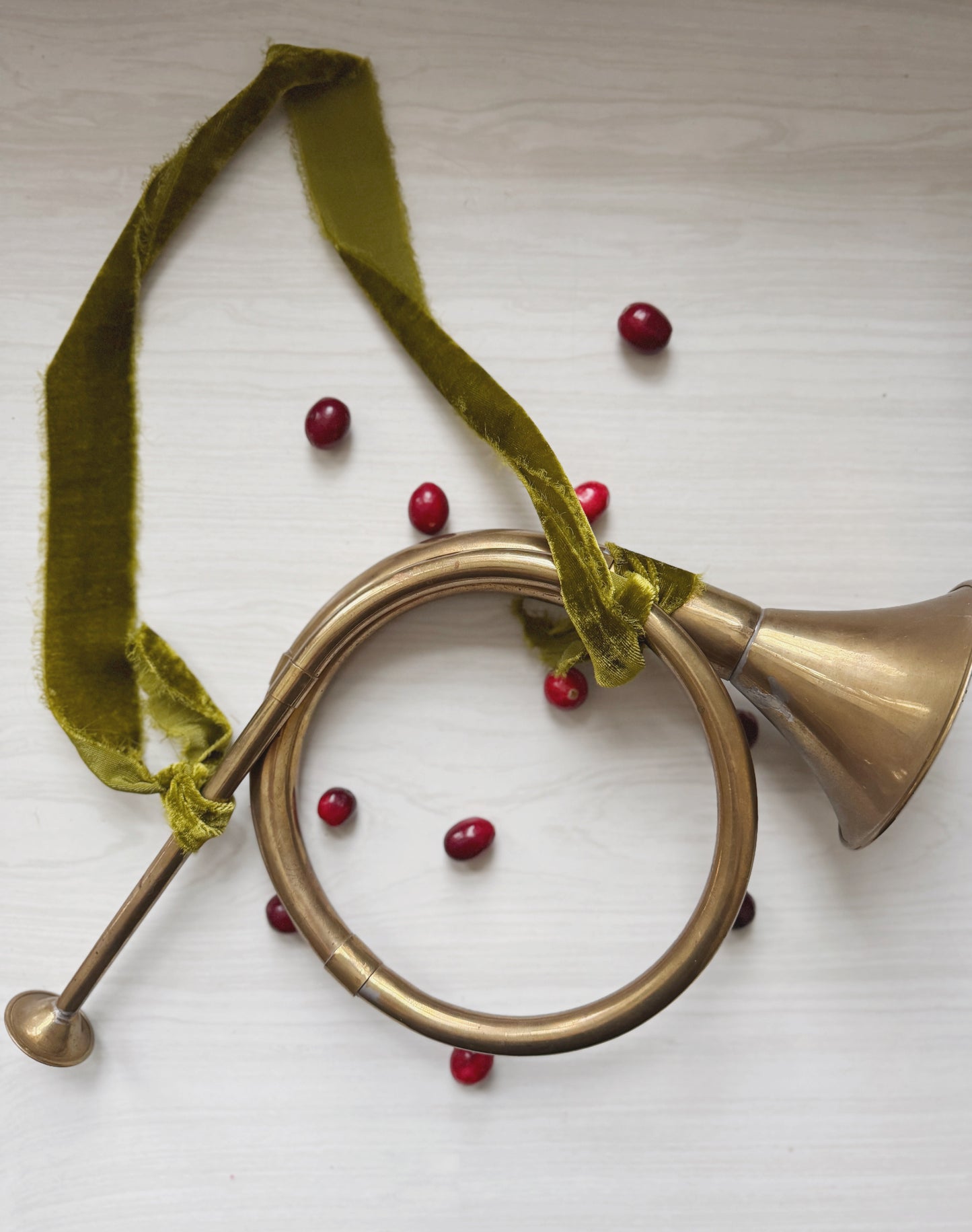 Brass Horn with Green Velvet Ribbon
