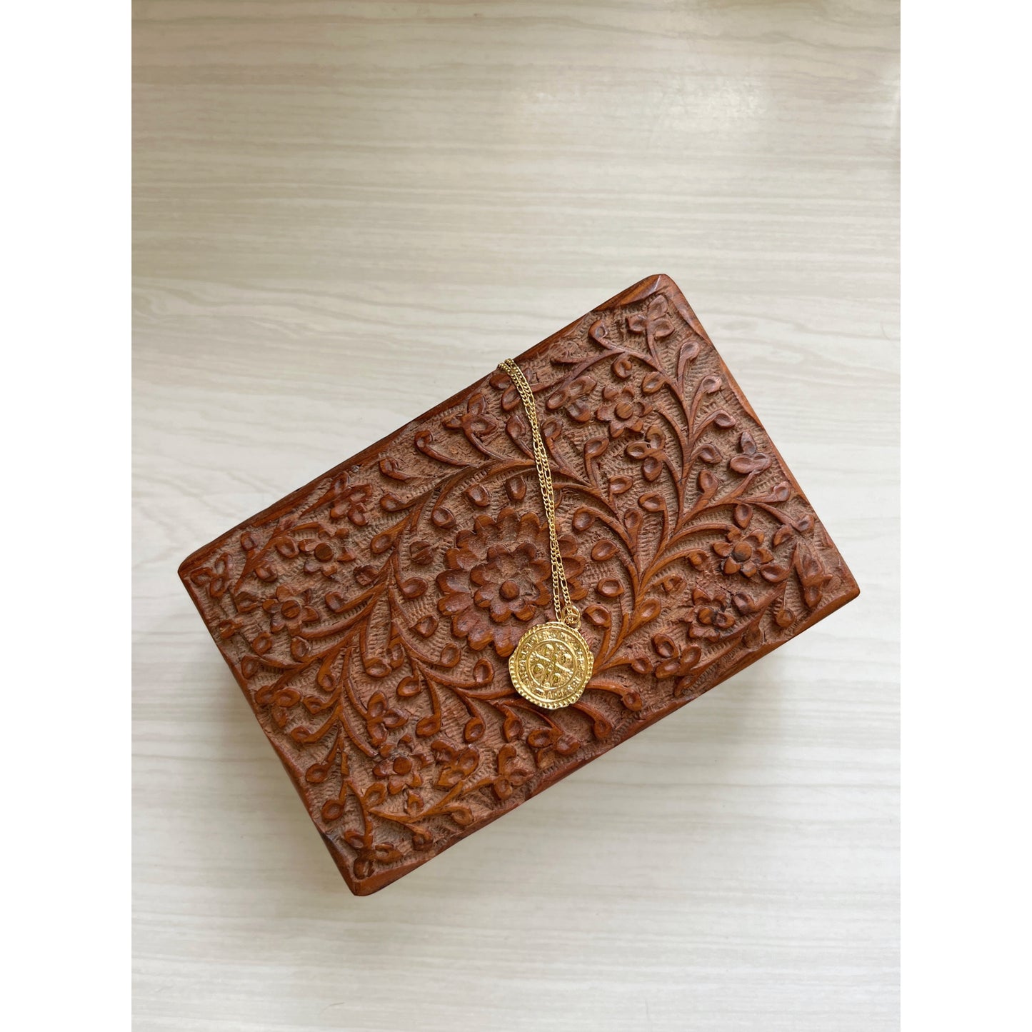 Wooden Box with Carved Floral Pattern