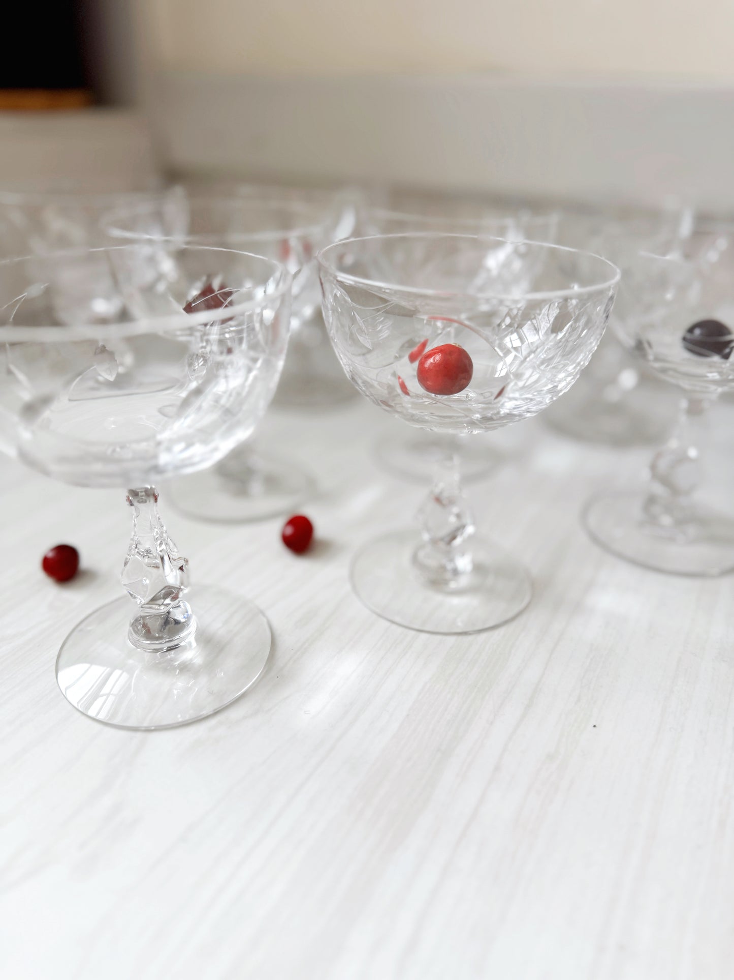 Etched Leaf Crystal Coupes (Set of 8)