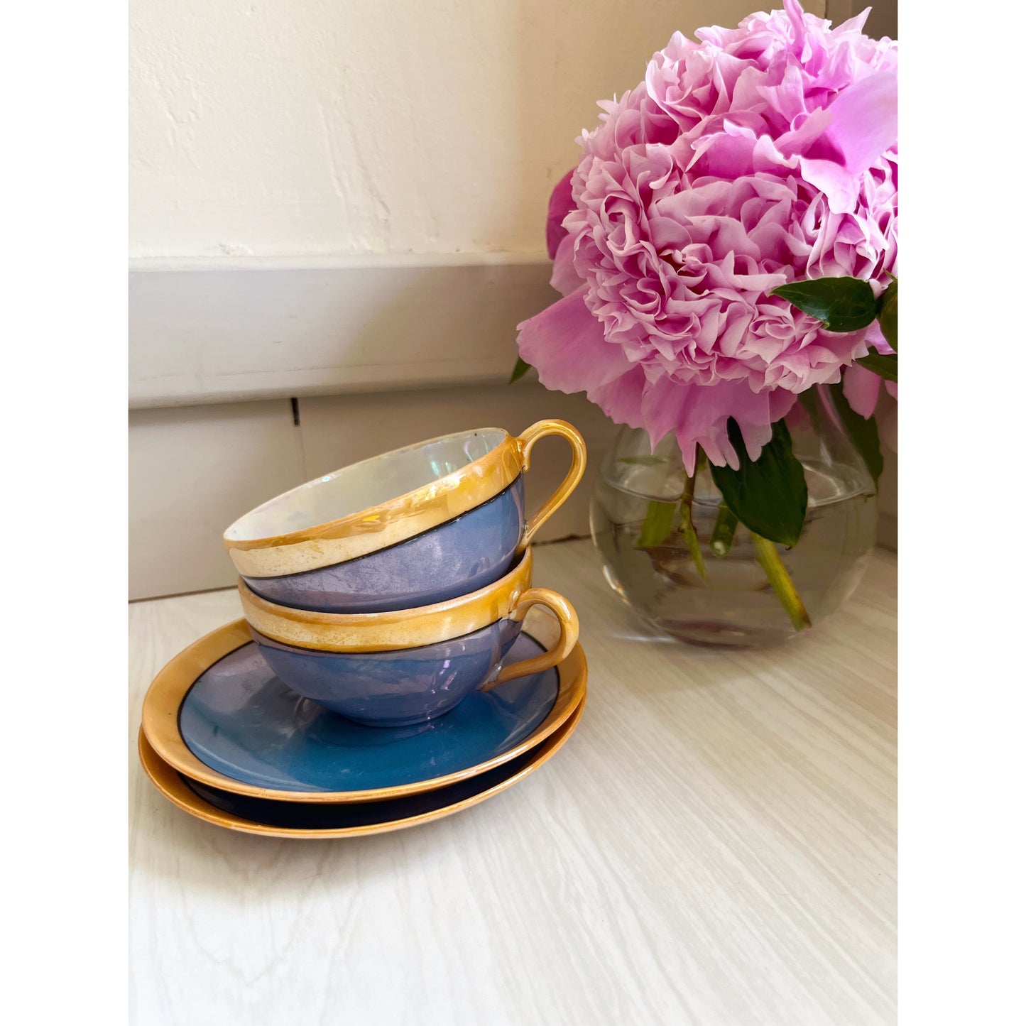 Lusterware Porcelain Teacups & Saucers