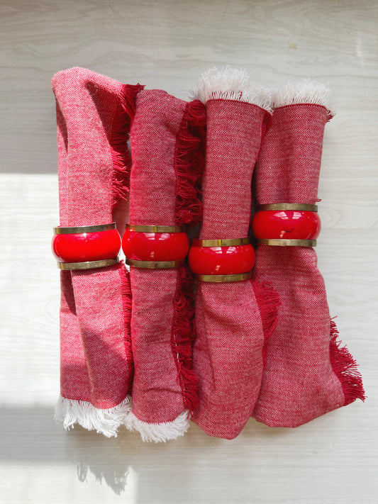 Set of 4 Red Fringed Cotton Napkins